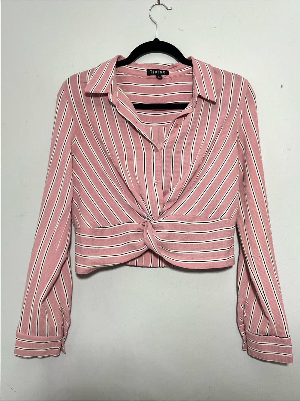 TIMING Pink and White Striped Knot-Front Button Down Shirt